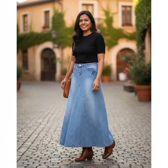 VTG Route 66 Original Clothing Co Denim Maxi Skirt 5/6 Light Wash Flared Panel - Picture 1 of 13